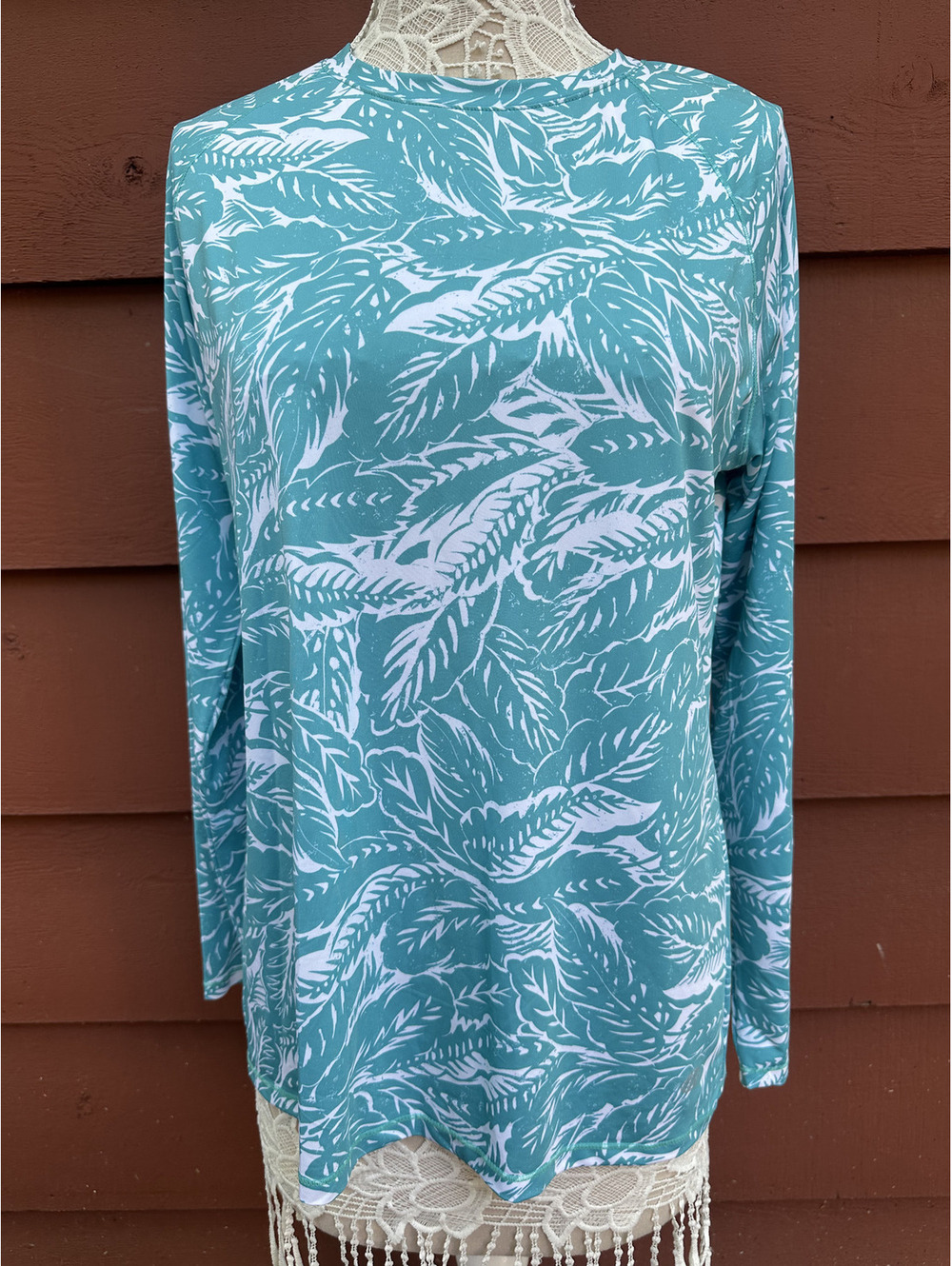 Reel Legends Long Sleeve Swim Shirt Blue Teal Leaf Pattern UPF Sun Shirt